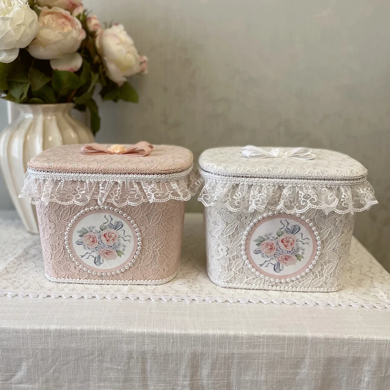

Lace Lid Storage Box French Retro Handmade Embroidered Pearl Cosmetics Storage Box Desktop Storage Box Bakset