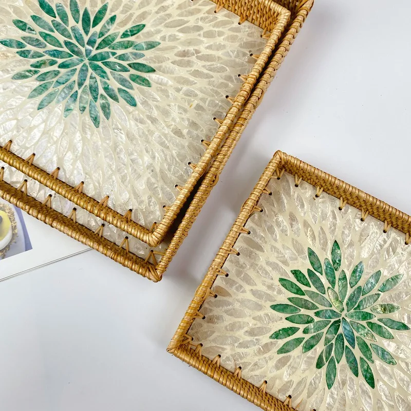 Vietnam Rattan Woven Rectangular Tray Colorful Shell Tea Fruit Plate Jewelry Cosmetic Storage Basket