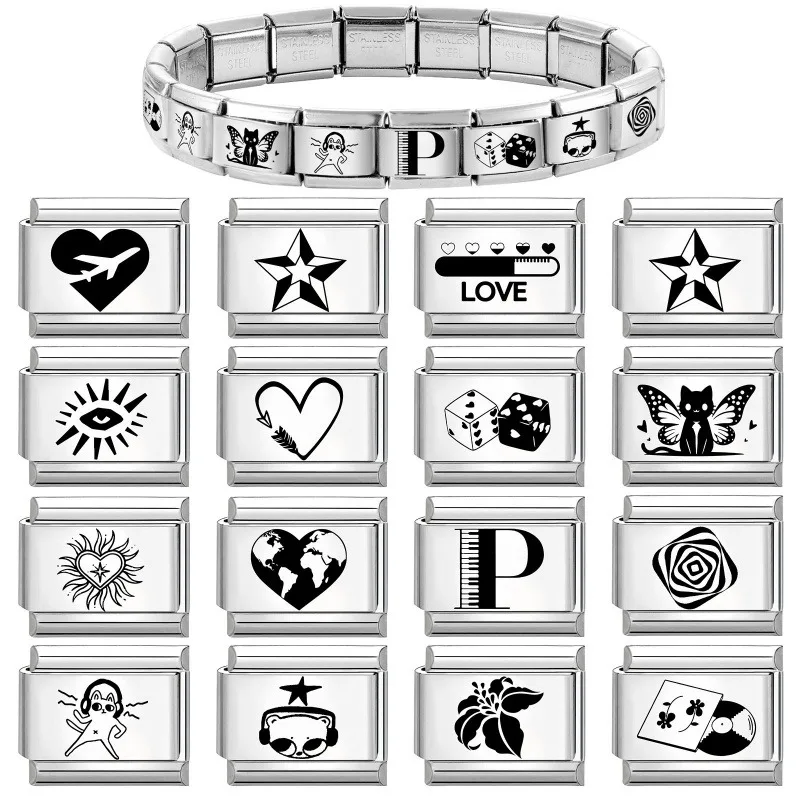 Laser Engraving Black Eyes Stars LOVE YOU Circle Italian Charm Links Fit 9mm Bracelet Stainless Steel Men Women DIY Making Gifts