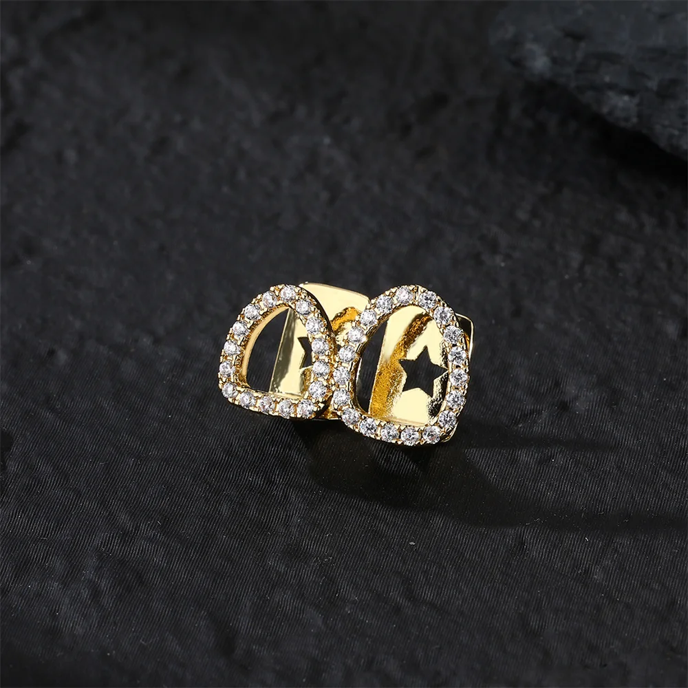 Fashion Double Hollow Tooth Grillz Hip Hop Copper Iced Out Cubic Zircon Stone Hollow Teeth Grillz For Women Men Body Jewelry
