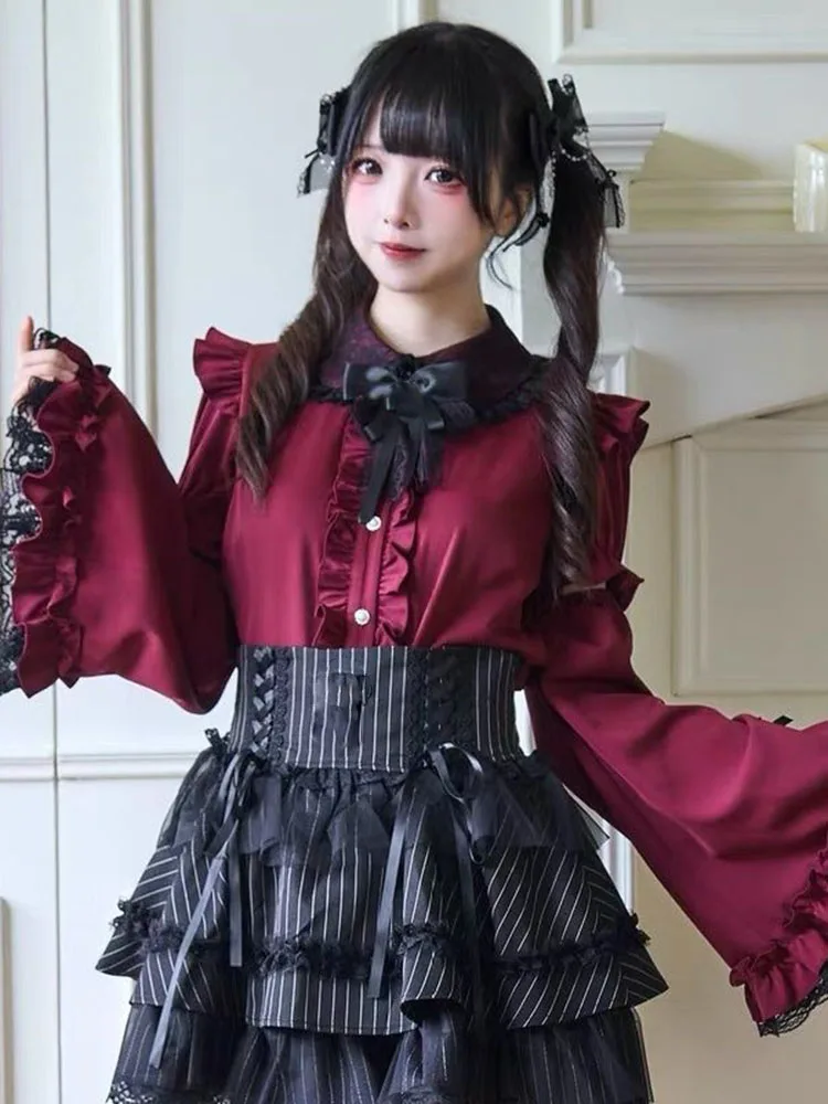 

Japanese Lolita Lace Patchwork Blousewomen Harajuku Fairy Flare Sleeve Blusas Y2k Aesthetic Single Breasted Sweet Ruffled Shirt