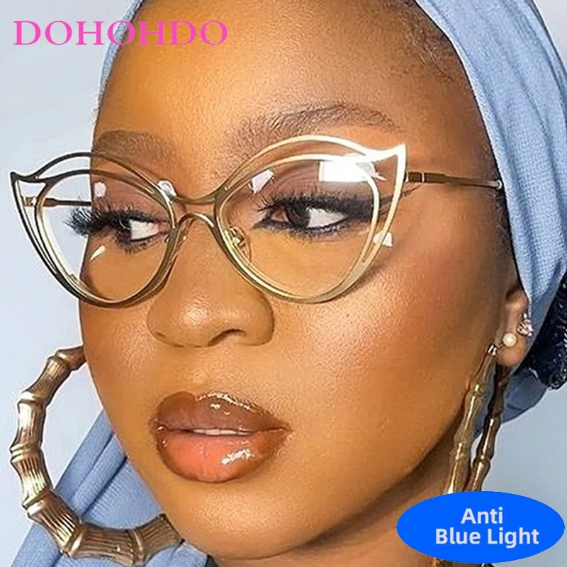 

Trendy Luxury Designer Blue Light Blocking Glasses Women Men Cat Eye Hollow Out Rhinestone Eyeglasses Computer Gaming Glasses