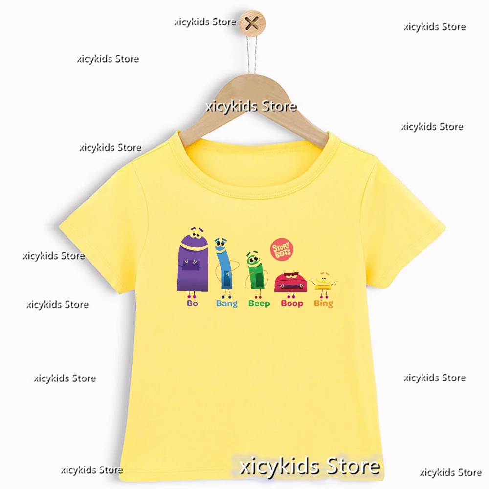 

New Kids T shirt Funny Cartoon Ask the StoryBots Graphic Print T-shirt for Boys Cute Boys Yellow Shirt Fashion Tshirt Wholesale