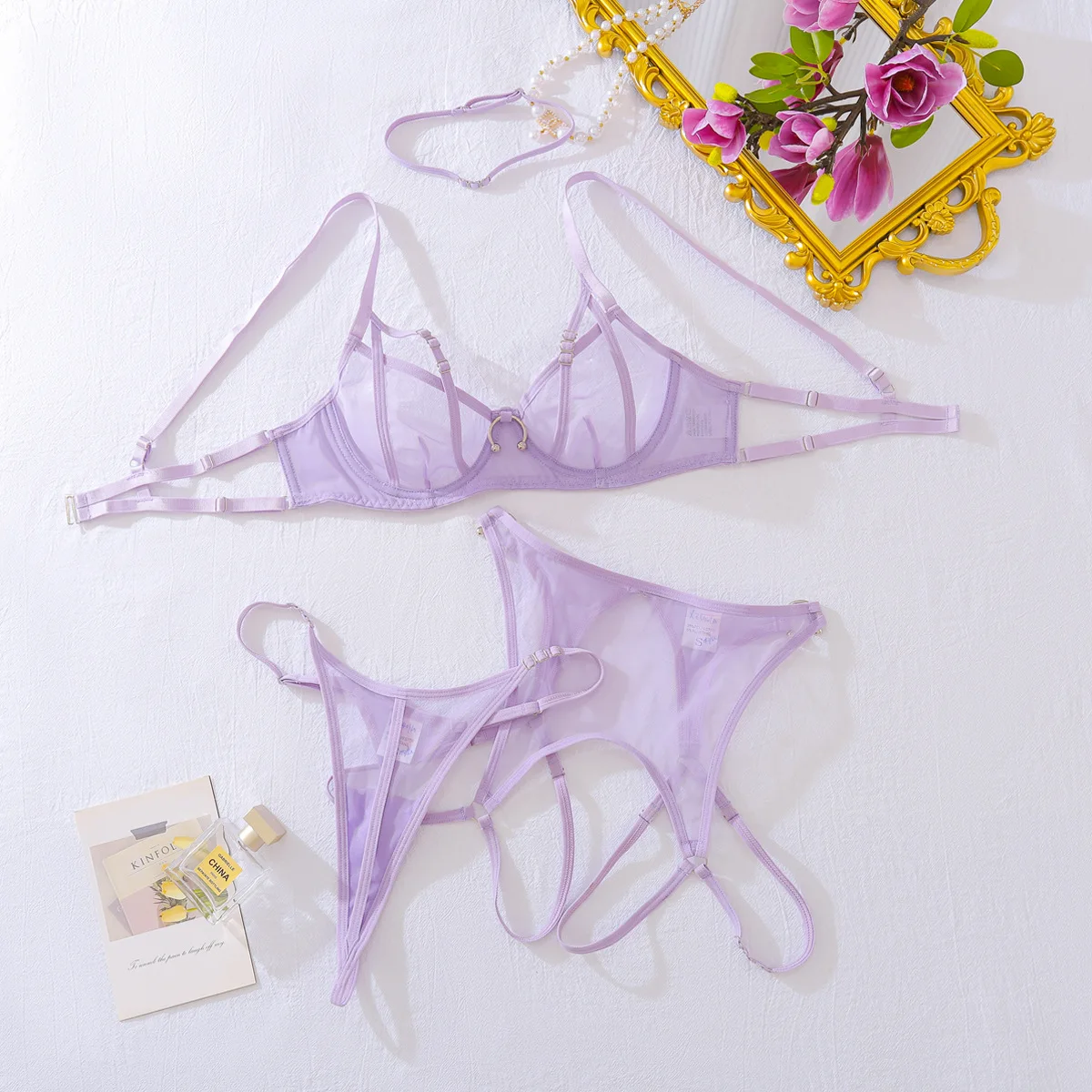 

Lovermore Sexy 4-piece Women's Underwear Metal Decoration Hollow Mesh Perspective Solid Color Exotic Underwear Set New Style