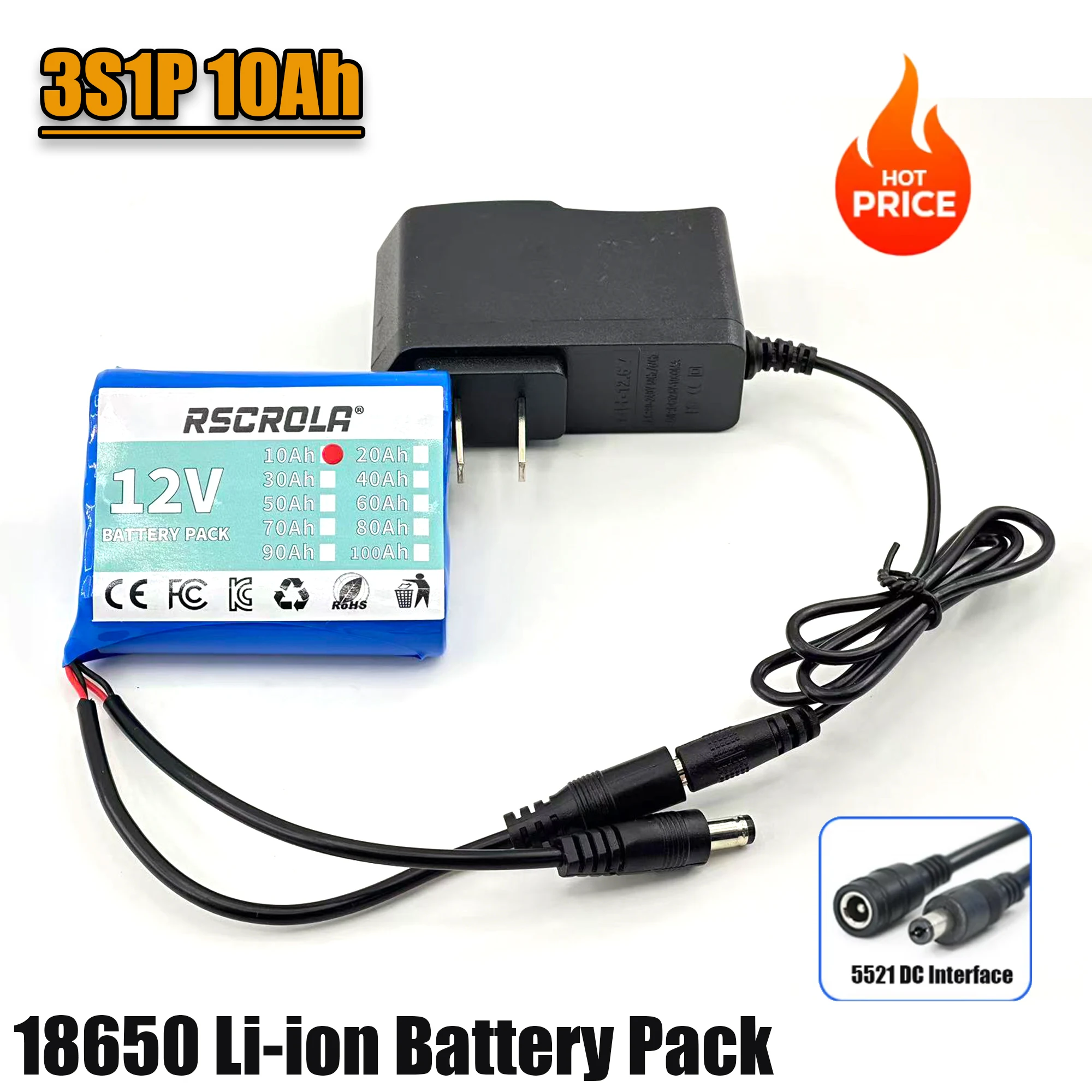 12V 10000mAh 100% New 3S1P Protection Plate 12V 10Ah Battery Pack 18650 Lithium Ion DC 12.6V Super Rechargeable Battery + Charge