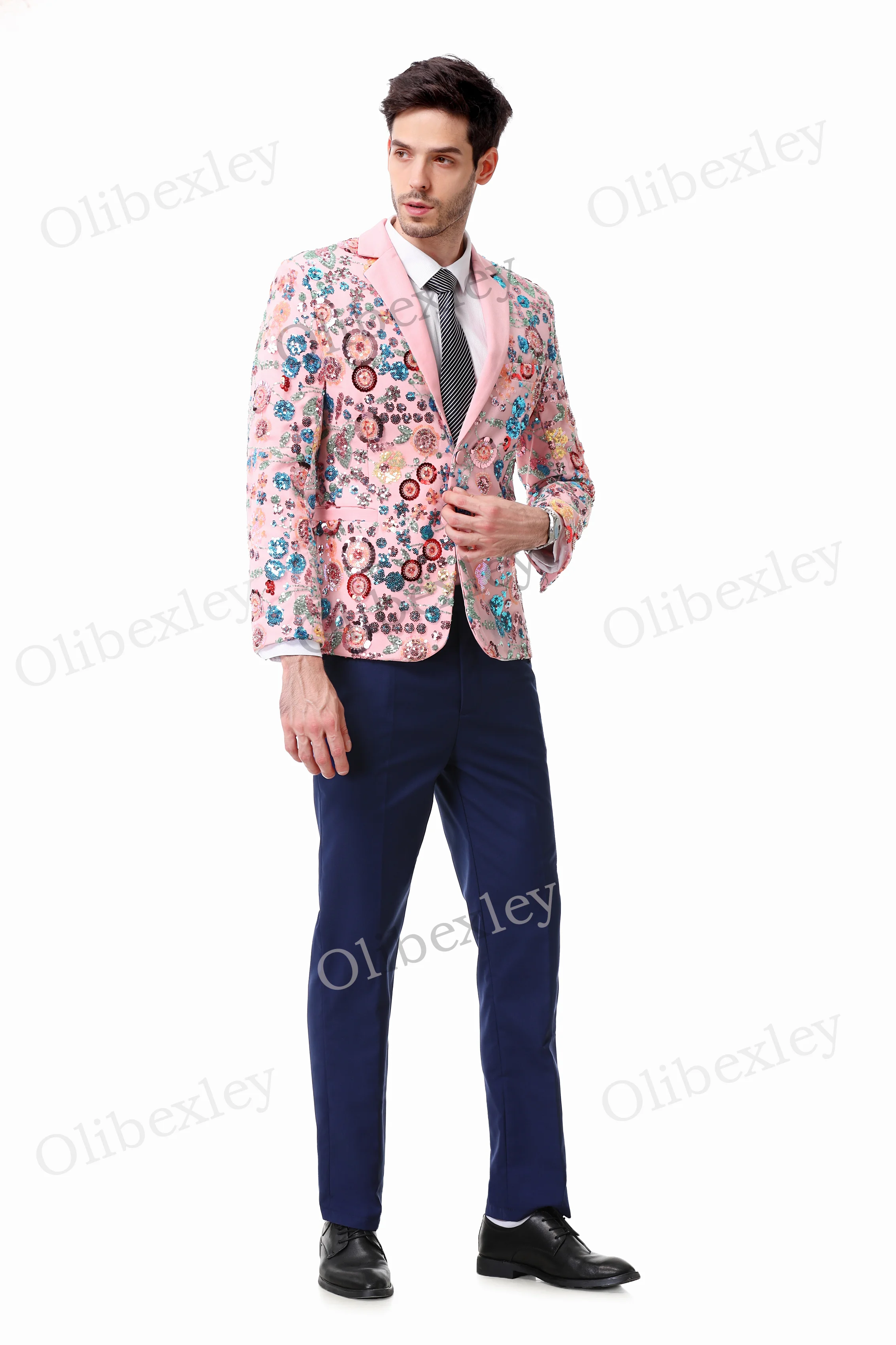 Olibexley Men's 2 piece suit One button Sequined Slim Fit Pink Jacket Suitable Weddings Groom Business Dinner Partys