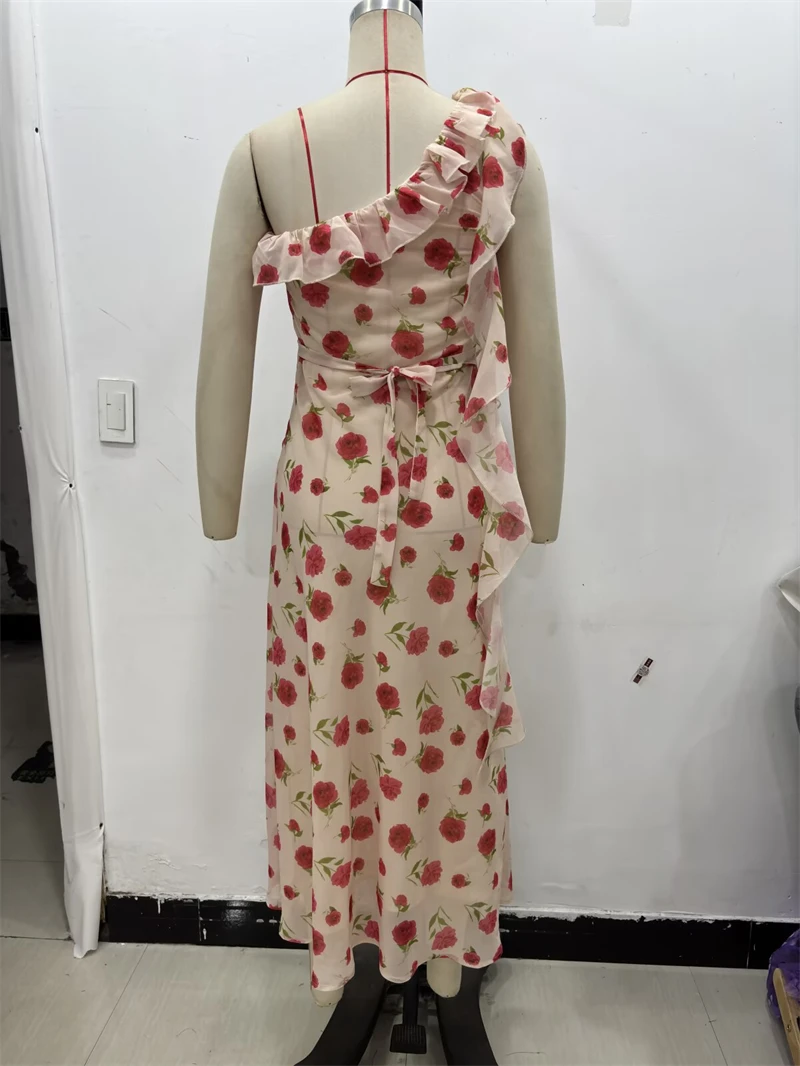 Keyanketian 2025 verão novo feminino romântico rosa impresso midi vestido estilo francês em camadas gola inclinada sem mangas rendas até vestidos