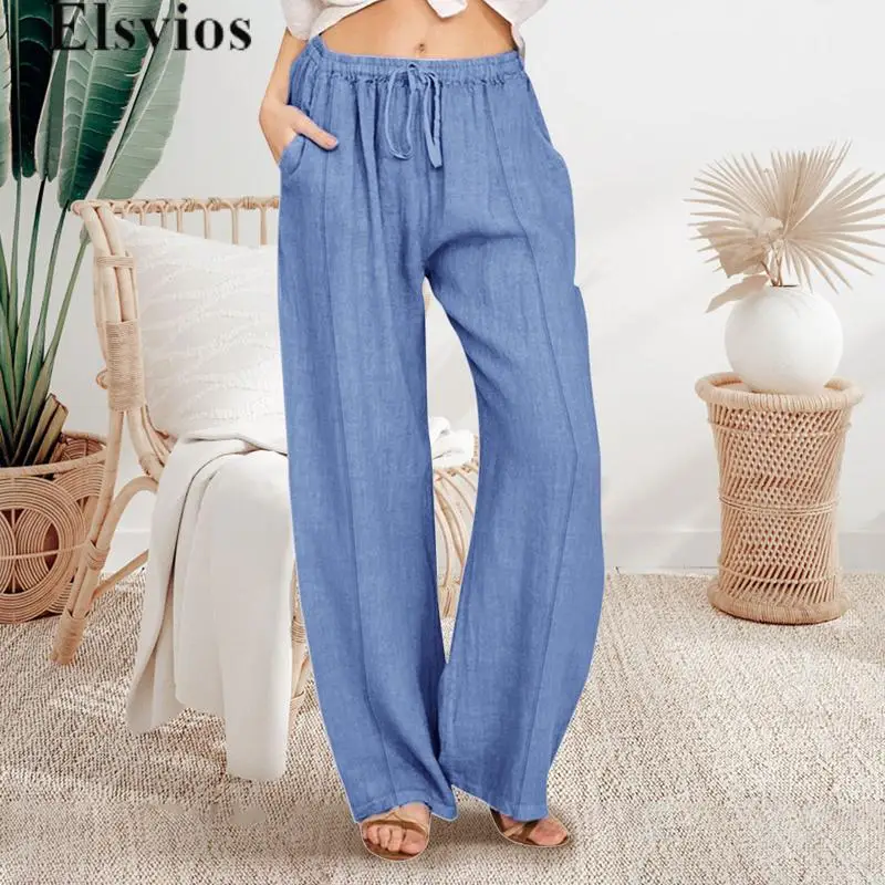 

Fashion 2024 Pockets Loose Office Trousers High Street Drawstring Mid Waist Cotton Linen Pants Women Elegant Solid Sweatpants