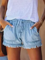 Women’s Denim Shorts Drawstring Elastic Waist Frayed Hem Short Pants Summer Casual Loose Jeans with Pockets