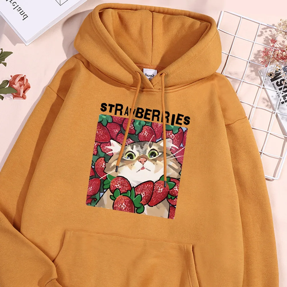 Strawberry Cat Hoodie Men Cartoon Print Fur-liner Fleece Hoodies Soft Comfort Casual Pullover High Quality Hoody Autumn Man Tops