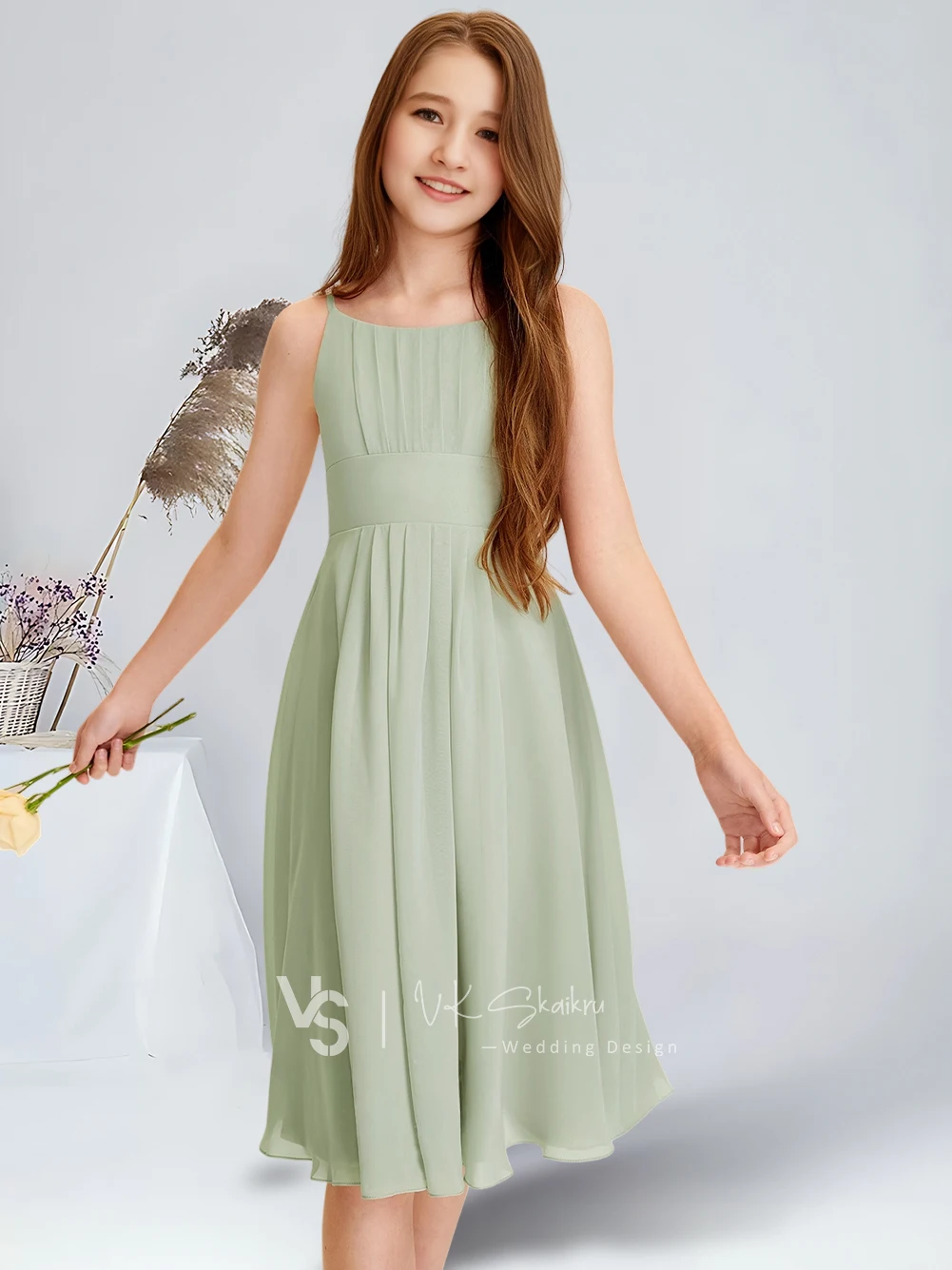 A-line Scoop Knee-Length Chiffon Junior Bridesmaid Dress Celadon Flower Girl Dress Wedding Party Communion Dresses For Teens
