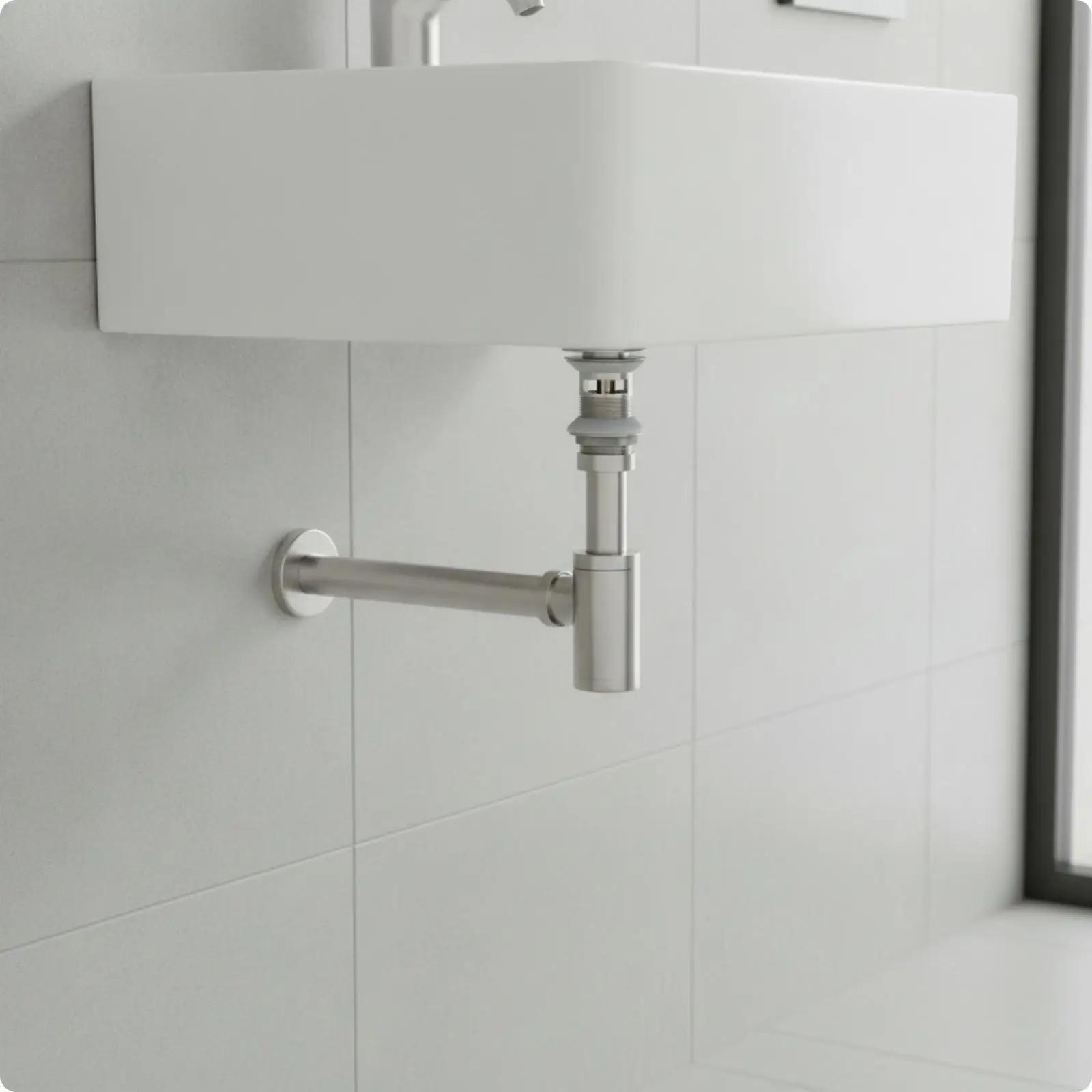 Push Button Basin Waste Drain Wall Outlet Stainless Steel for Sleek Bathroom Fixtures Setup