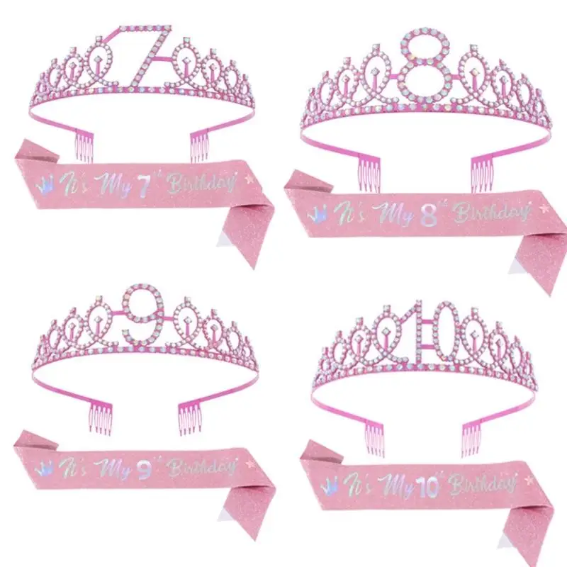 

31BB Glittering Princesses Crowns And Sash Set For Birthday Party Girls Luxurious Rhinestones Embellished