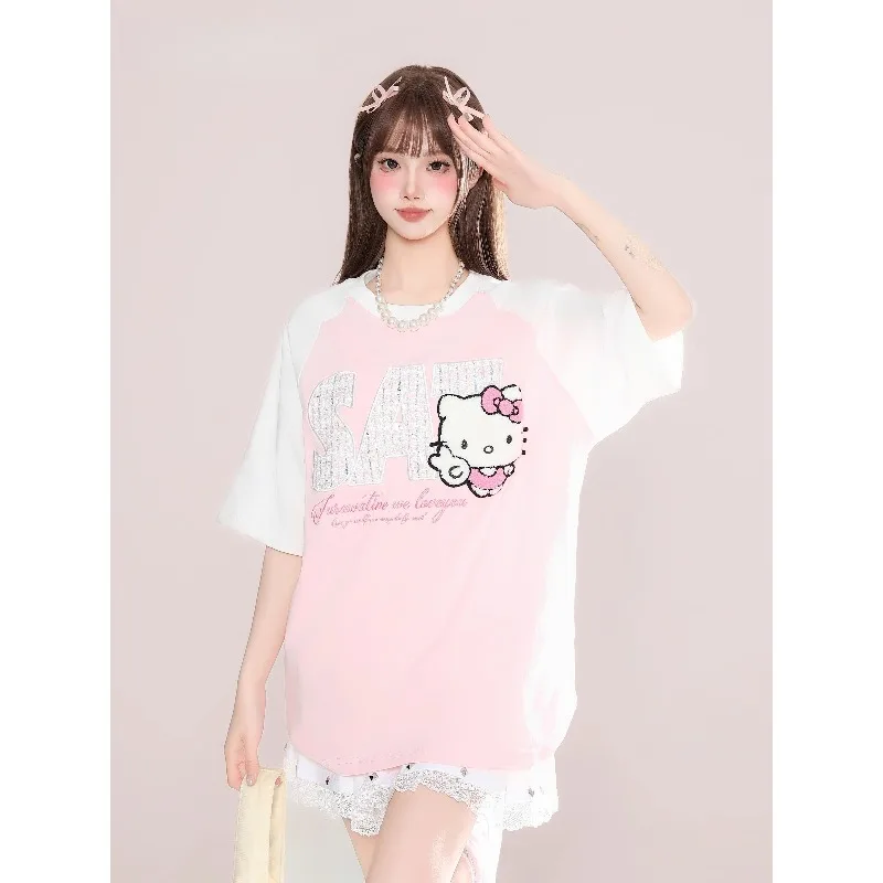 New 3D Printed Soft Cute Hello Kitty Quick Drying Short Sleeved T-shirt Sweet Commuting Contrasting Color Splicing Casual Top