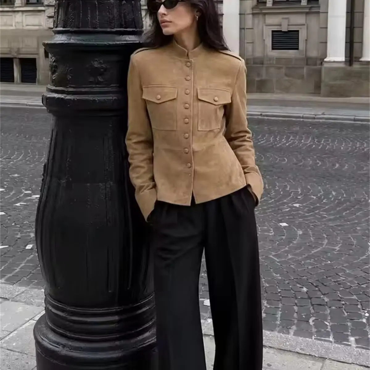 Fashion Vintage Women's Jacket Single Breasted Stand Neck Autumn Winter Solid Coats Lady Chic Streetwear 2026 Elegant Clothes