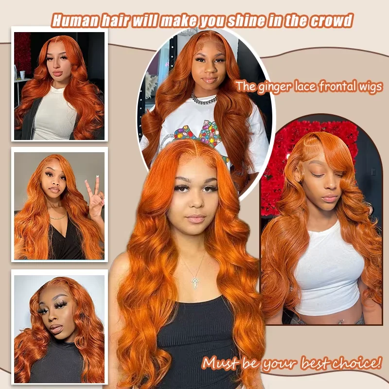 250% Density  Ginger Orange Body Wave 13x6 HD Lace Front Wig Human Hair For Women #350 Colored Pre Plucked Natural Hairline image 5