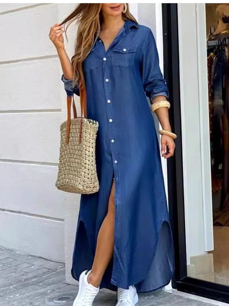 Spring Long Dresses For Women Fashion Casual Loose Long Sleeve Shirt Dress Lady Pocket Button Print Shirts Dress 2025 Skirt