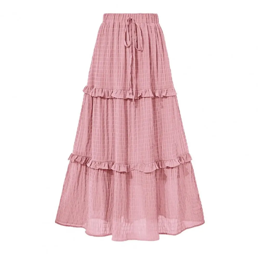 Women Midi Skirt Elastic High Waist Adjustable Drawstring Pleated Skirt Solid Color Ruffle Stitching A-Line Skirt Daily Wear