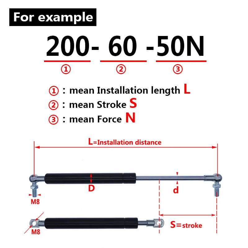 18*8 Rod Stroke Gas spring folding hinge 50N-500N 5kg-50kg Force lift support Hole Center Distance 200mm stroke distance 60mm