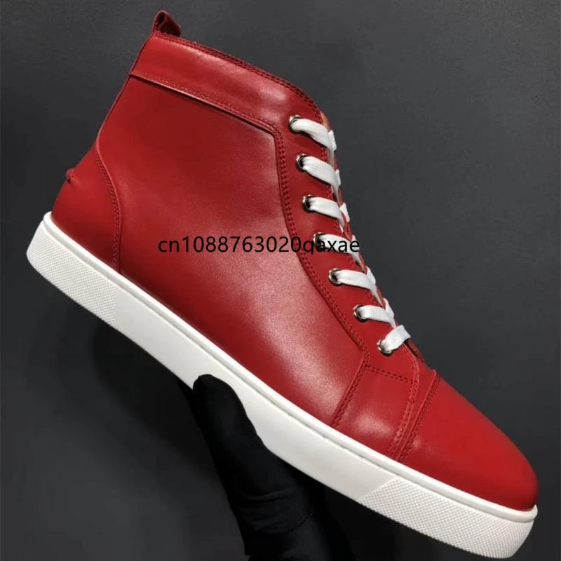 Fashionable high top men\'s shoes, genuine leather plain red casual board shoes, couple red shoes, trendy