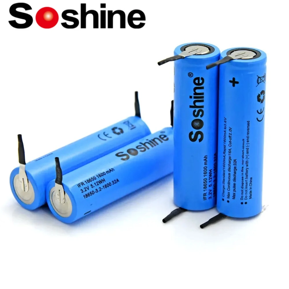 4pcs Soshine LiFePO4 18650 3.2V 1600mAh Rechargeable Battery with tab