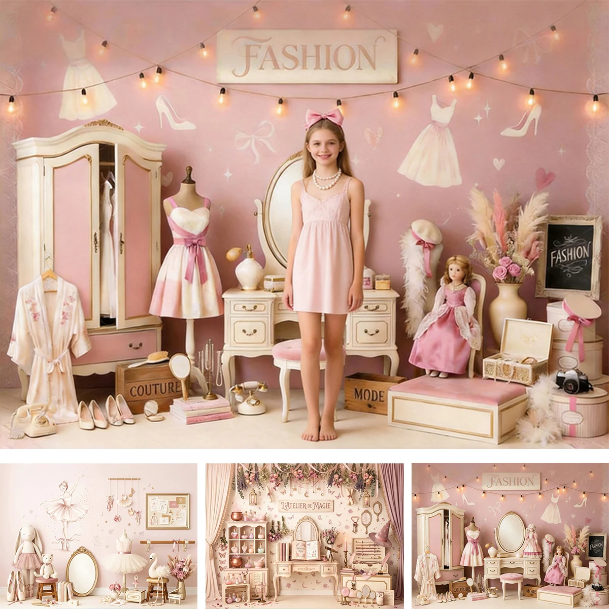 Beauty Pink Princess Fashion Dress Room Backdrop Sweet Themed Pink Girl Photography Background For Studio Portrait Shoot Cut