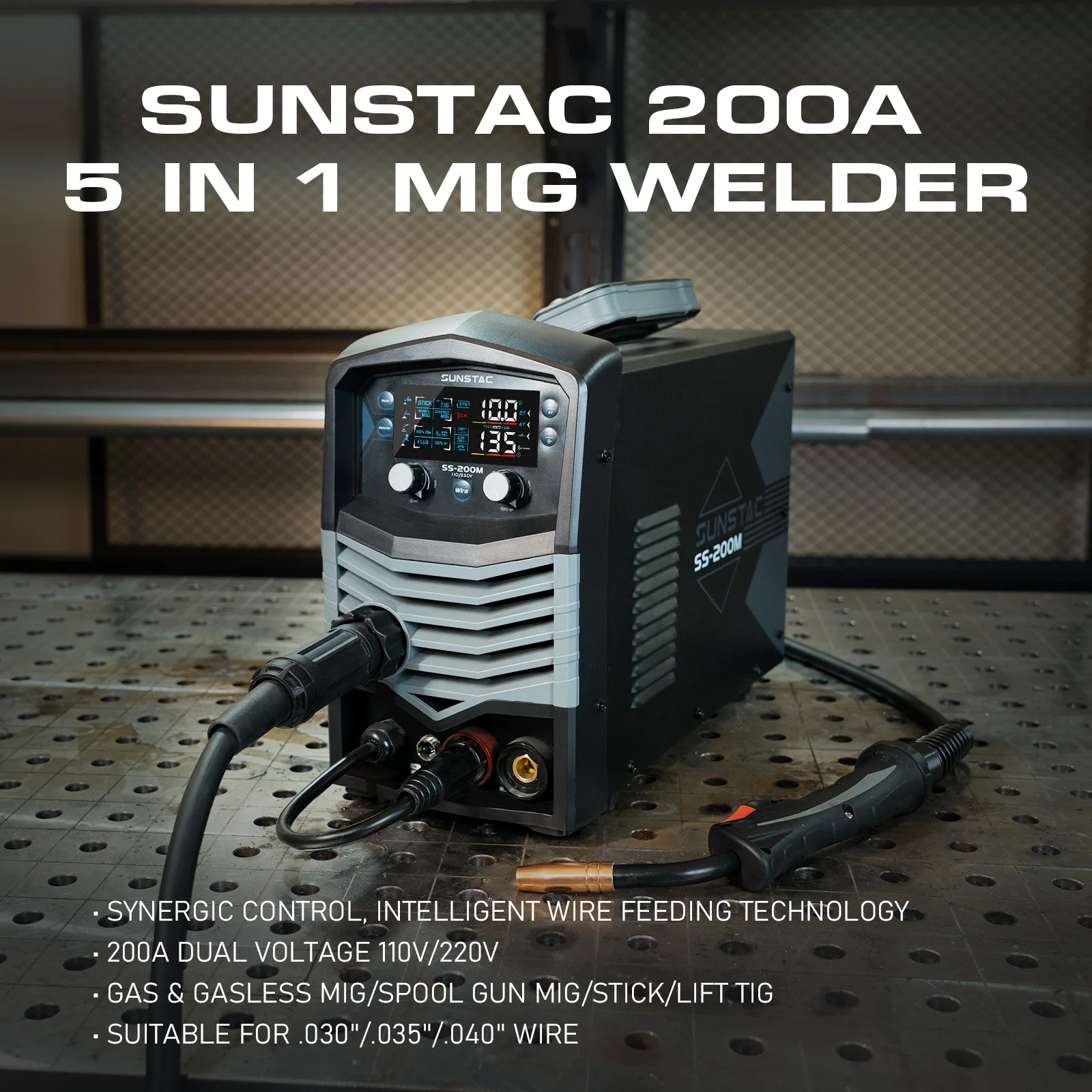 200A 110/220V 5-in-1 MIG Welder with Aluminum Spool Gun,Flux Core & Lift TIG, IGBT Synergic, Digital Display,Overload Protection