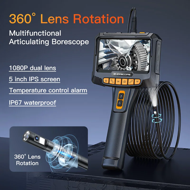 Industrial Endoscope 360° Auto Rotation Camera 360 Degree Steering Dual Lens 5\'\' Screen Inspection Borescope Rigid Cable