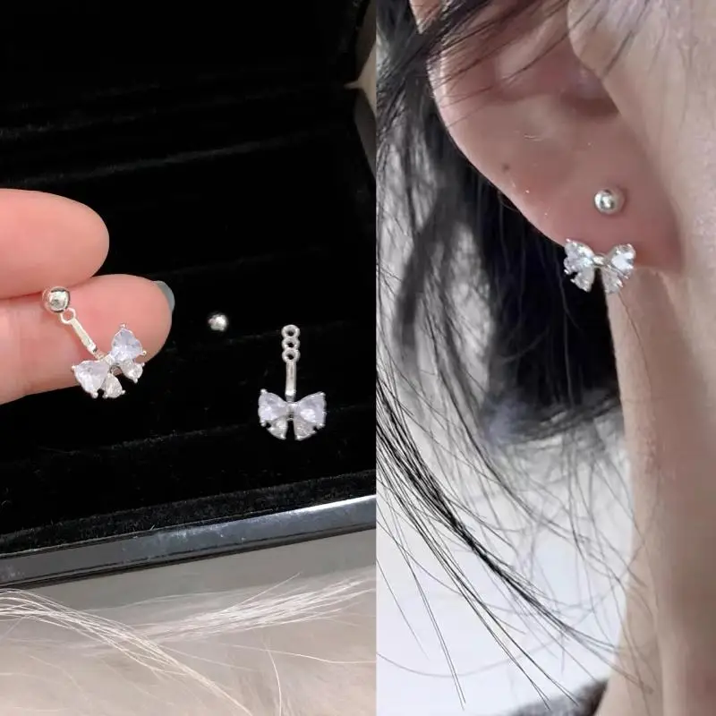 Silver Color Zircon Bowknot Stud Earrings Women Minimalist Cute Fashion Jewelry Detachable Accessories Gift