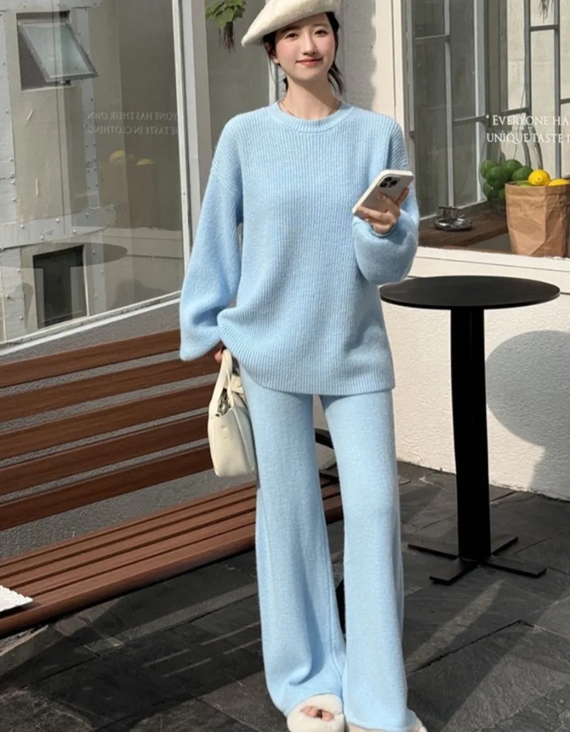 

Корейский повседневный свободный однобортный однобортный вязаный кардиган с длинными рукавами + брюки с эластичной резинкой на талии, комплект из 2 предметов, модный женский костюм