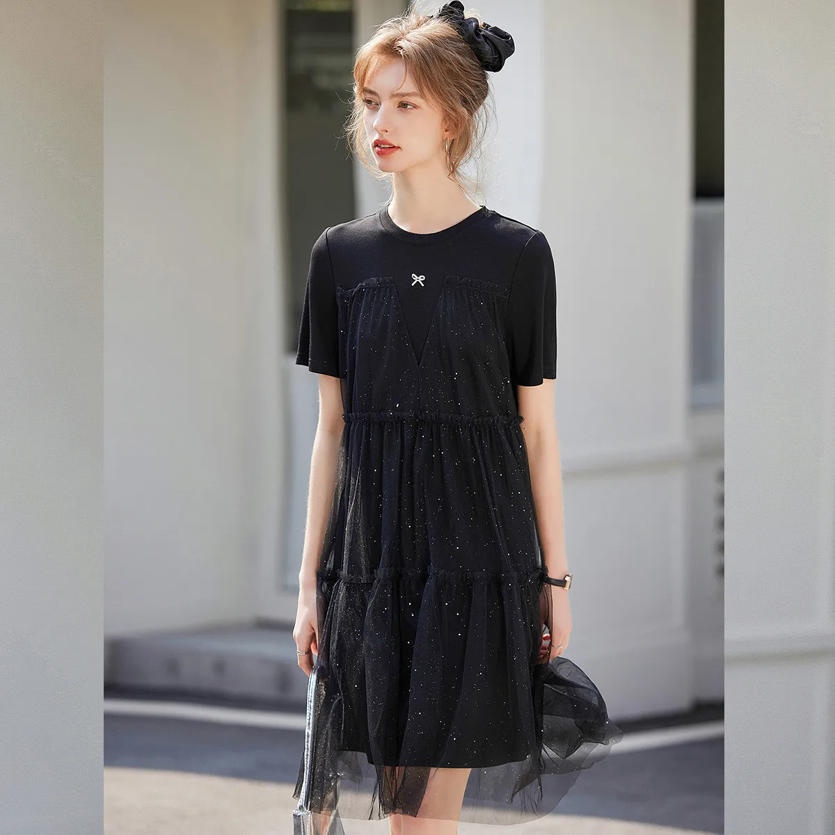 LOUIS YAO New Sparkling Mesh Splicing Women's Dress 2025 Summer Fashion Fake Two Piece T-shirt Skirt Short Sleeved Long Dress 