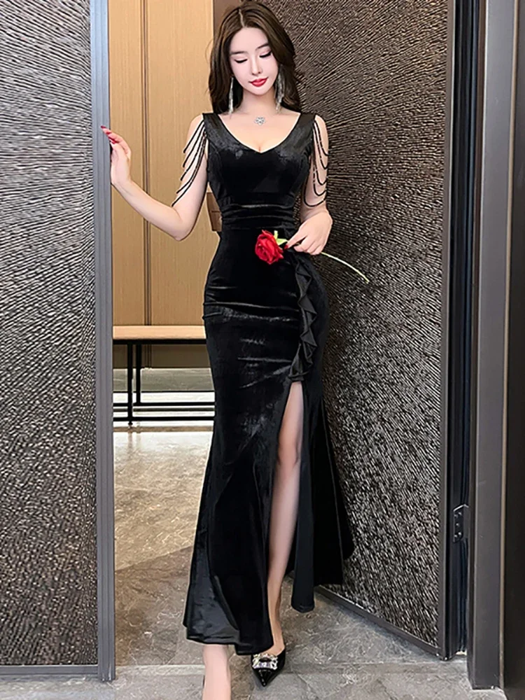 Women Elegant Ruffle Slit Dress 2025 Korean Fashion Bodycon Dresses Spring Autumn Green Velvet Chic Tassel Sling Sexy Long Dress
