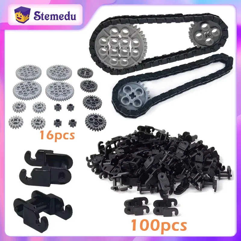 100 szt. Zestaw technicznych elementów łańcucha łańcuchowego, koła zębate, części 3711 14696 10928 94925 3648 3649 do klocków MOC, zabawki do budowania pociągów