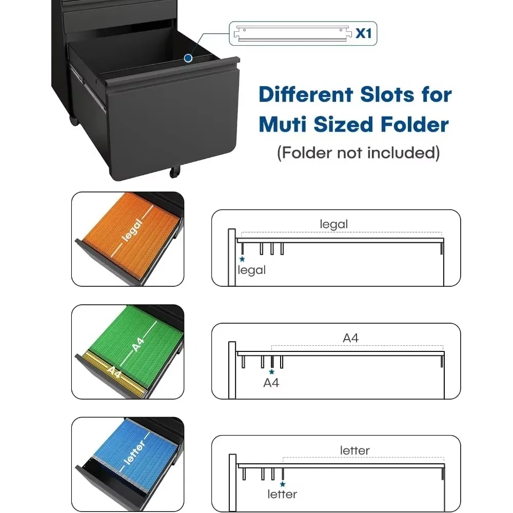 3 Drawer File Cabinet, Metal Filing Cabinets with Lock Wheels, Anti-tilt Under Desk Design, Lockable Rolling Mobile File Cabinet