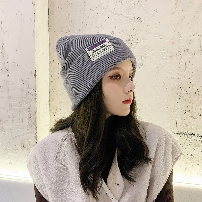 Autumn and winter double thickened warm woolen hat Korean fashion letter cloth label knitted hat men\'s beanie hat