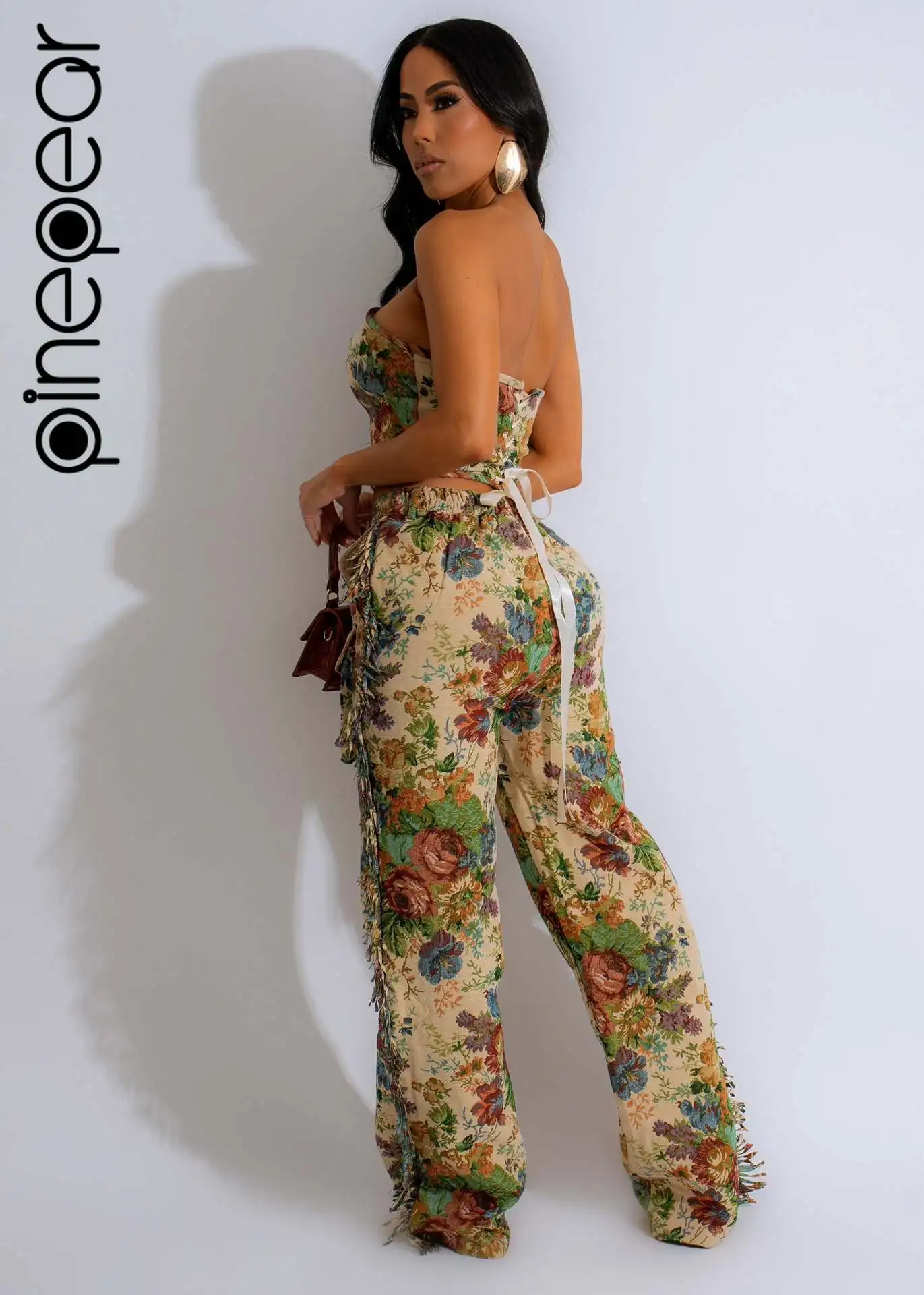 PinePear Colored Floral Print 2 Pieces Outfits Summer Lace-Up Tube Top and Tassels Pants Sets Fashion Street Overalls 2025