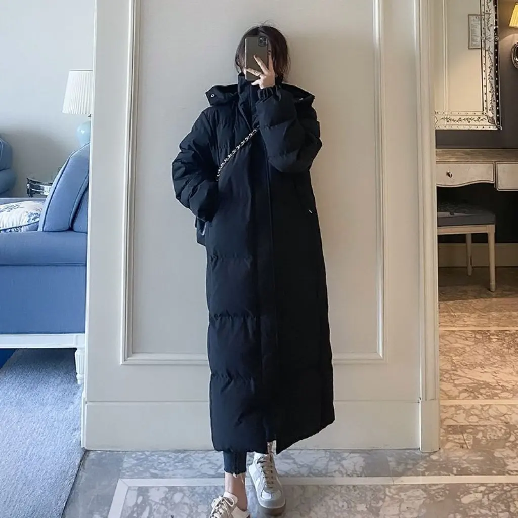 

Women's down Cotton Jacket Korean Style Winter Coat Extra Long Over-The-Knee Ankle-Length Student Drama Exam Outerwear