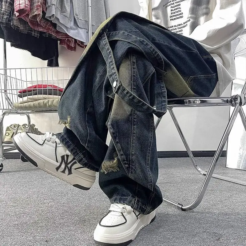

Spring and autumn splicing fake two jeans men straight barrel to do old wash high street casual fashion ruffie handsome pants