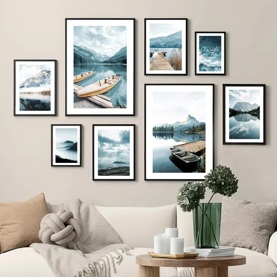 Natural Scenery Wall Art Print Canvas Painting Mountain Forest Lake Pier Boat Wild Grass Waves Poster Pictures Living Room Decor