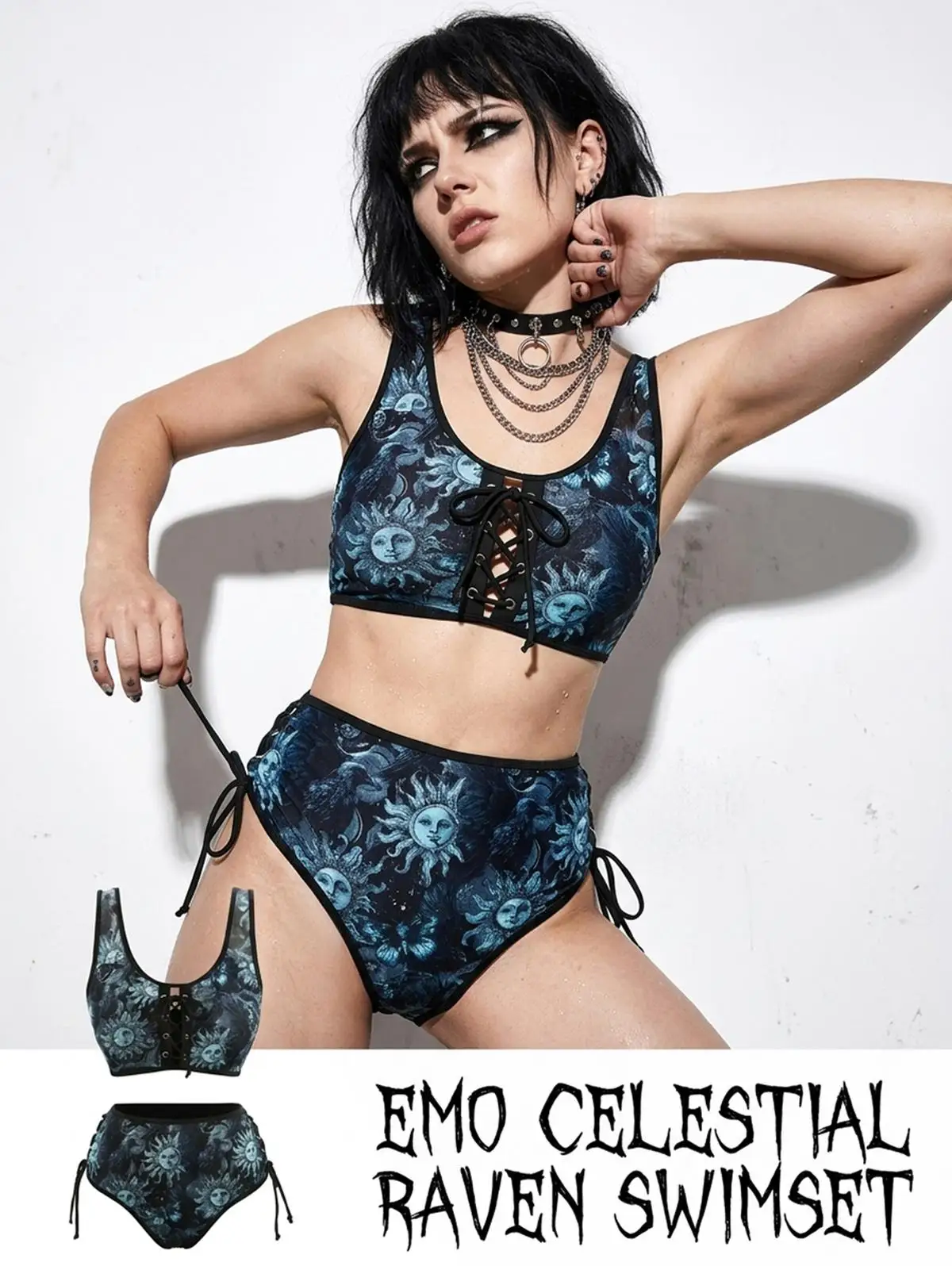 Women Vintage Gothic Tankini Set High Waisted Lace Up Bathing Suits Sun Moon Crow Butterfly Print Retro Beachwear Bikinis Summer