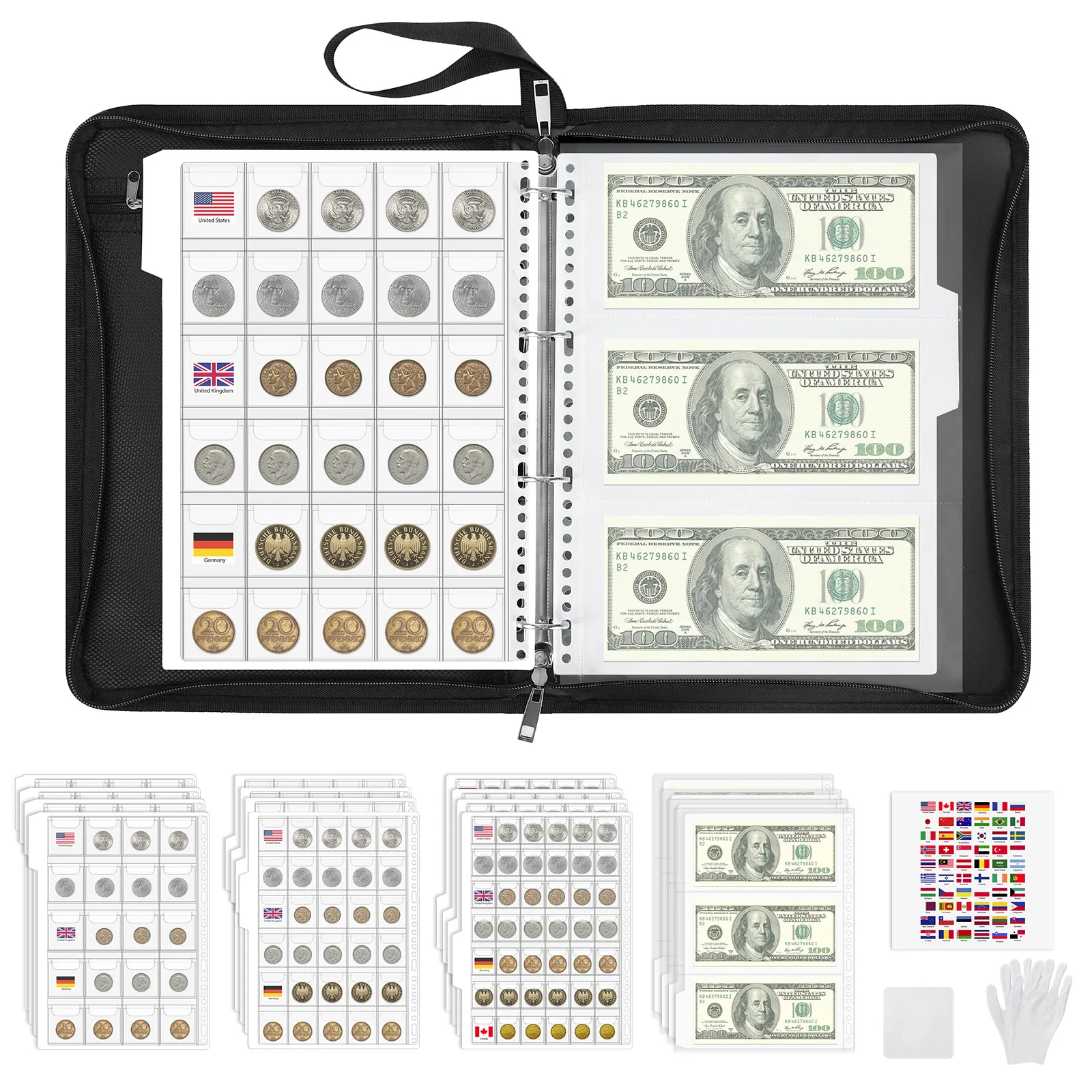 MoKo Coin Collection Book, 356 Pockets Fireproof Coin Collection Holder & 36 Sleeves Currency Binder, Coin Collection Supplies