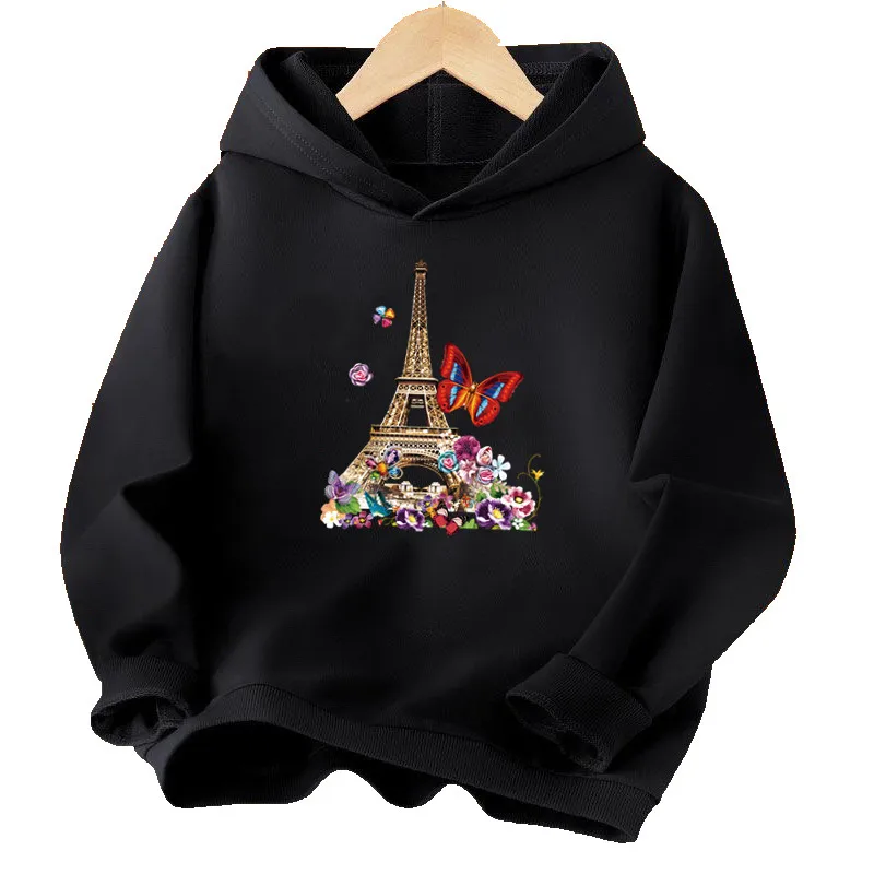 Fashion Girl Butterfly Paris Eiffel Tower Print Hoodies Autumn And Winter Thin Streetwear Long-sleeved Pullovers