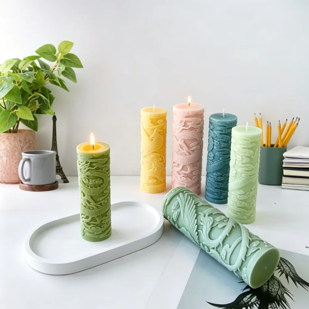 Dragon Phoenix Embossment Cylinder Candle Silicone Candle Mold Anaglyph Plaster Mould Candle Making Supplies