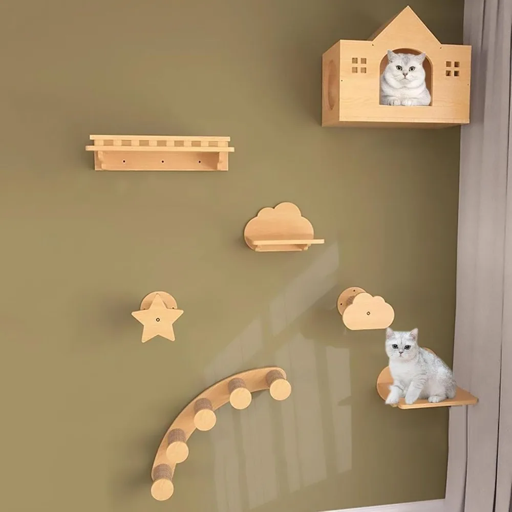 

Dream / Wall Mount Cat Furniture, Solid Wood Cat Climbing Frame Set, Multifunctional Cat Wall Rack For Sleeping, Playing &
