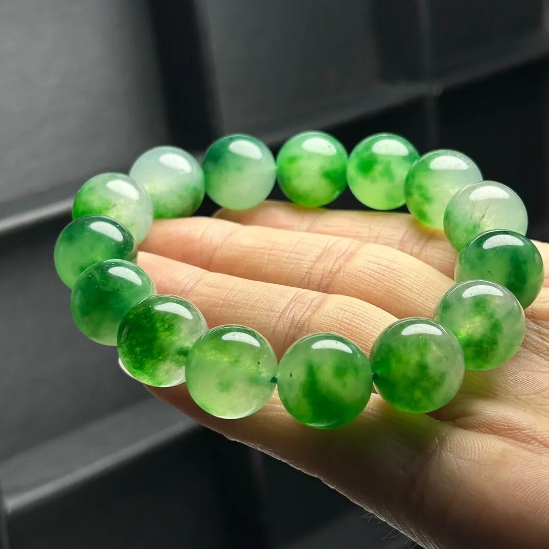 14mm Certified Natural Icy Green Burmese Beads Jade jadeite Bracelets Bangle