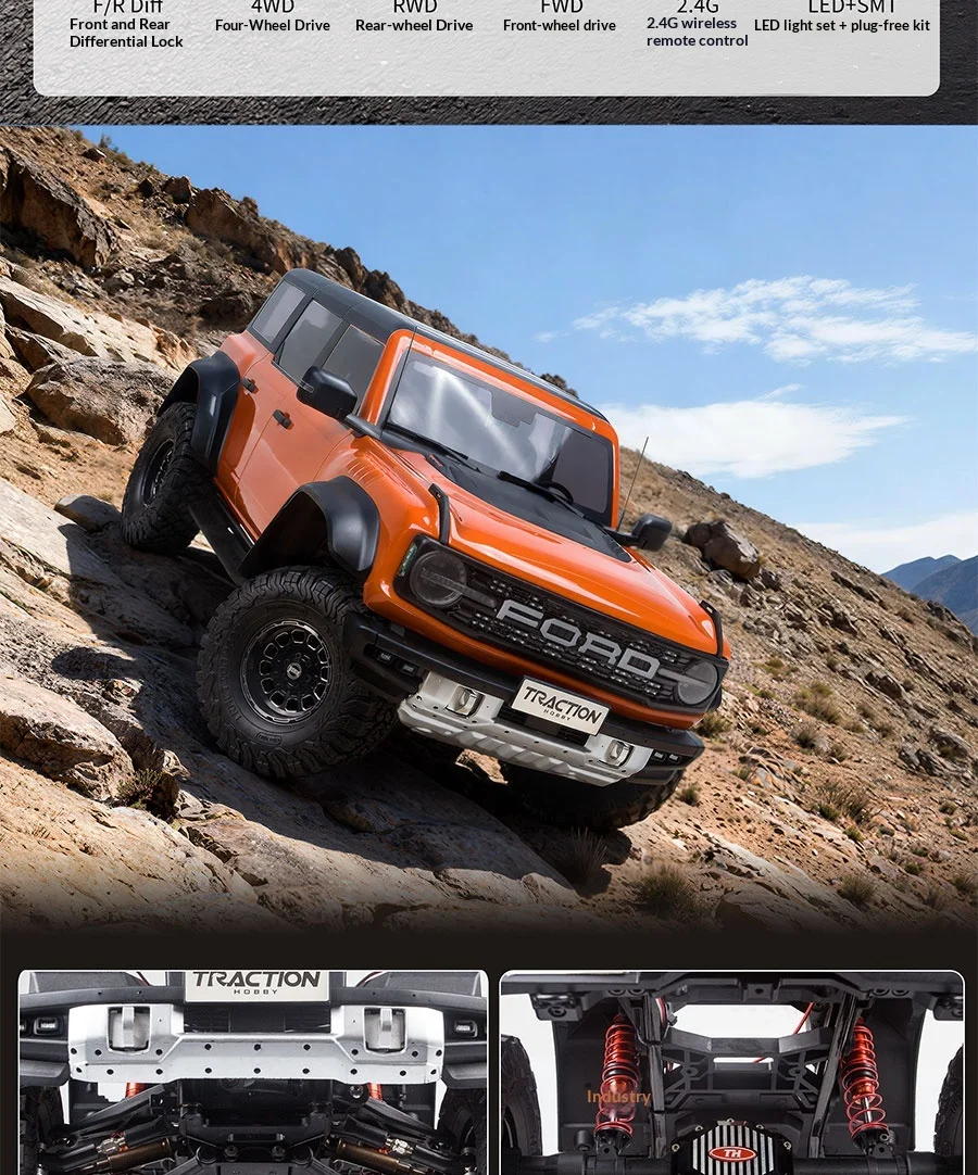 1/8 Scale KM Ford Bronco Raptor rock crawling and trail driving view