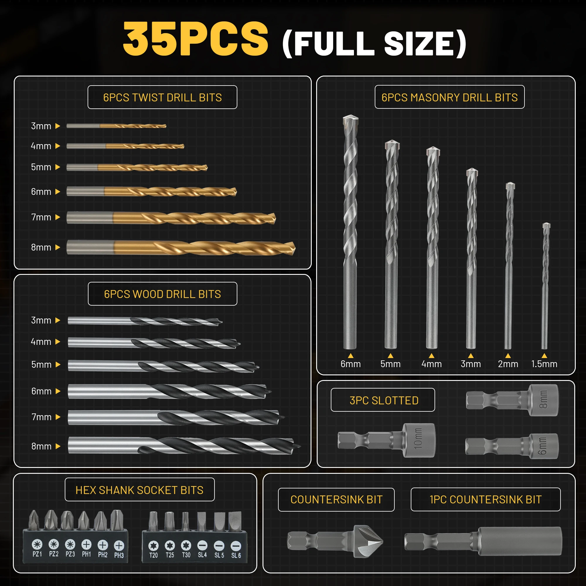 TOLESA 35PCS Drill and Driver Bit Set for Metal Wood Stone, Titanium Coated, Carbide Tip HSS Drill Bits, 1/4