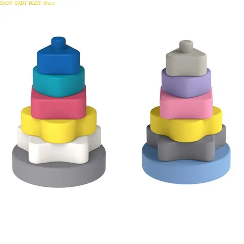 Q81A Tháp Stacking đầy màu sắc Khối đồ chơi Khối học Tumble Jumble Color nhận thức Squeezable Ring Tương tác Quà tặng cảm giác