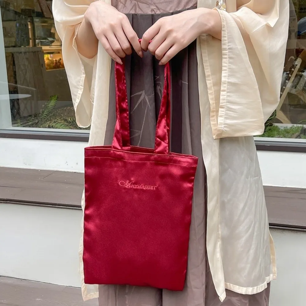Letter Embroidery Satin Silk Tote Bag Elegant Large Capacity Canvas Shoulder Bag Foldable Versatile Simple Underarm Handbag