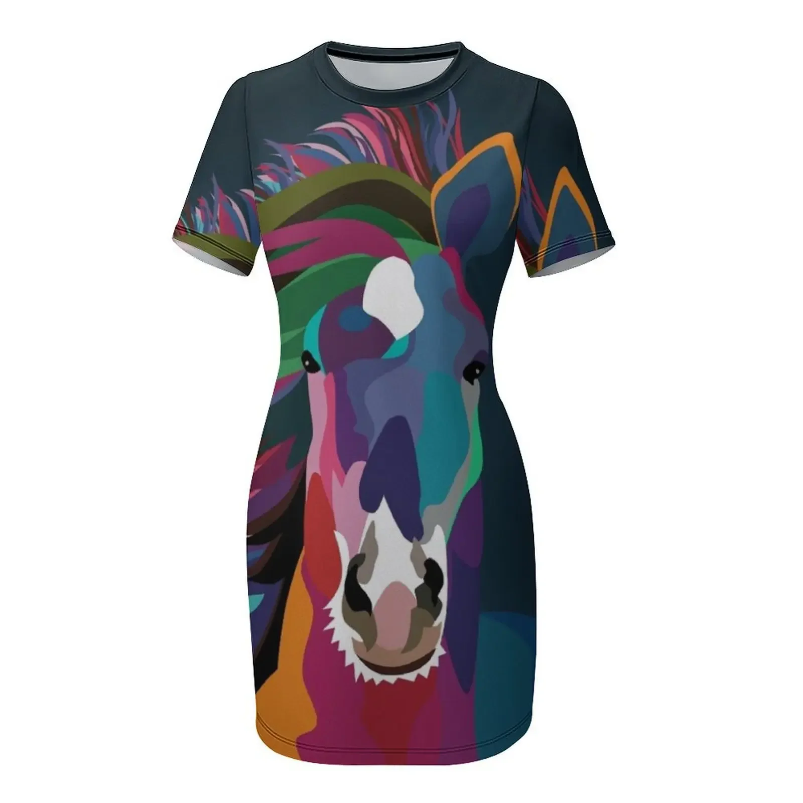 Sukienka z krótkim rękawem z motywem biegnącego konia, sukienki na studniówkę, letnia sukienka damska 2025, sukienki damskie 2025, sukienki damskie, sukienka